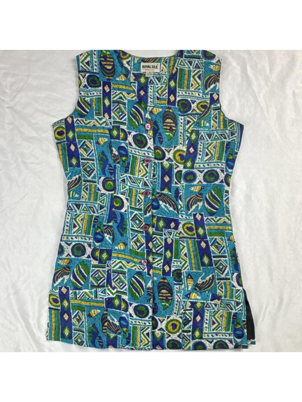 Royal Silk Women's S Multicolor Geometric Silk Sleeveless Button Blouse Pockets